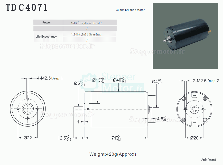 2 Pièces Φ40mm 24V Arbre double moteur cc coreless brushed TDC4071 2000g.cm 7000tr/min / 1800tr/min arbre 6mm/4mm