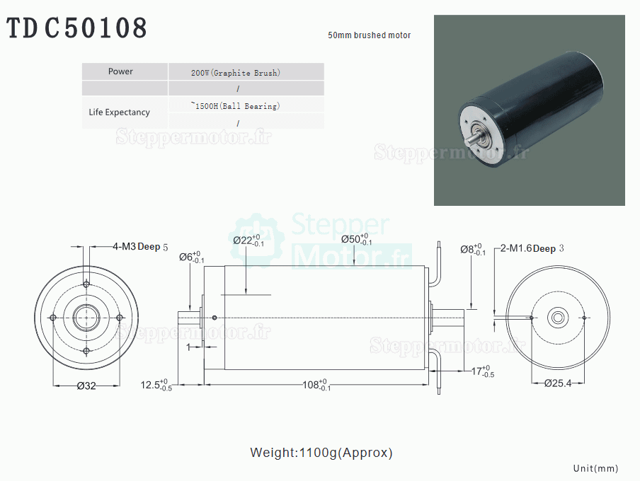 2 Pièces Φ50mm 24V/36V Arbre double moteur cc coreless brushed TDC50108 4000g.cm 5600tr/min arbre 6mm/8mm