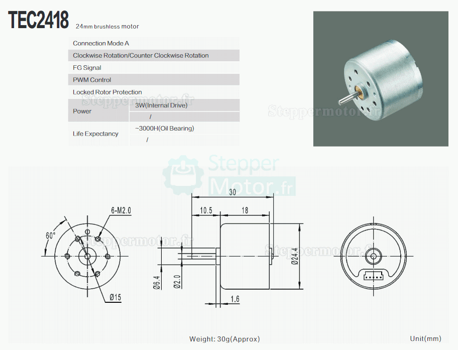 2 Pièces Moteur CC sans balais (moteur bldc) TEC2418 Φ24.4mm 12V/24V 0,02Kg.cm 5100tr/min / 7500tr/min arbre 2mm