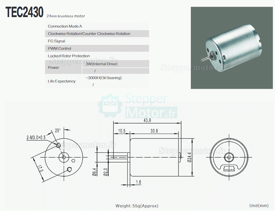 2 Pièces Moteur CC sans balais (moteur bldc) TEC2430 Φ22.4mm 12V/24V 4500tr/min 3W 0,05 kg.cm arbre 2 mm