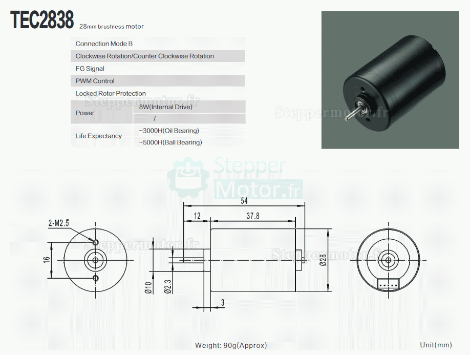 2 Pièces Moteur CC sans balais (moteur bldc) TEC2838 Φ28mm 12V/24V 100g.cm 4200tr/min / 4400tr/min arbre 2,3mm