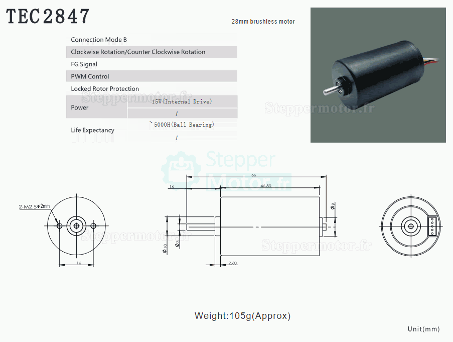 2 Pièces Moteur CC sans balais (moteur bldc) TEC2847 Φ28mm 12V/24V 150g.cm 4000tr/min / 4250tr/min arbre 3mm