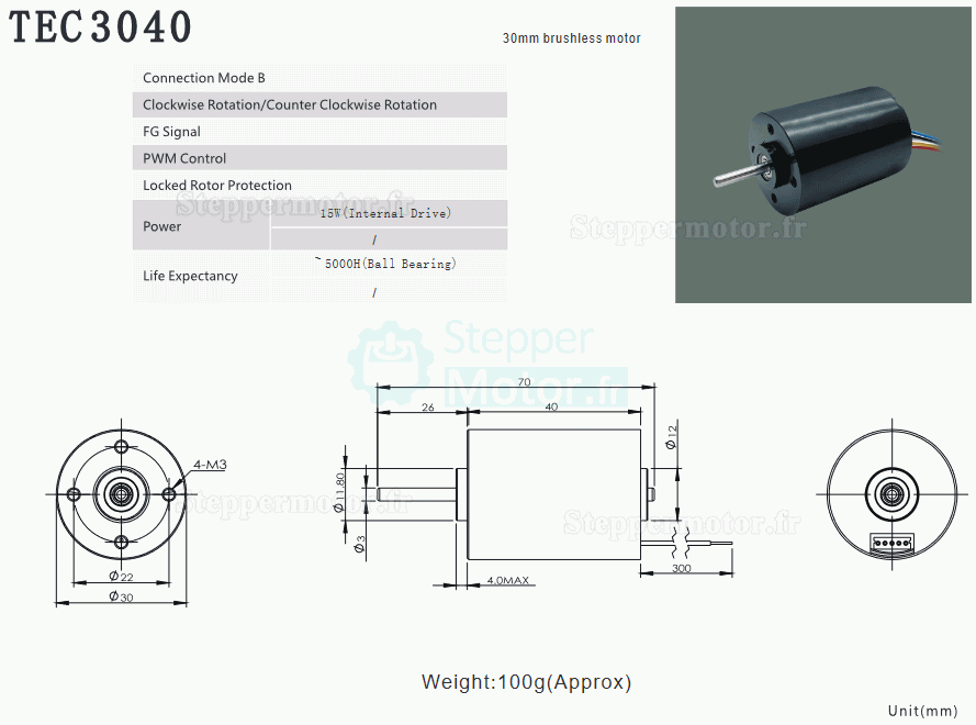 2 Pièces Moteur CC sans balais (moteur bldc) TEC3040 Φ30mm 12V/24V 250g.cm 3500tr/min / 3700tr/min arbre 3mm