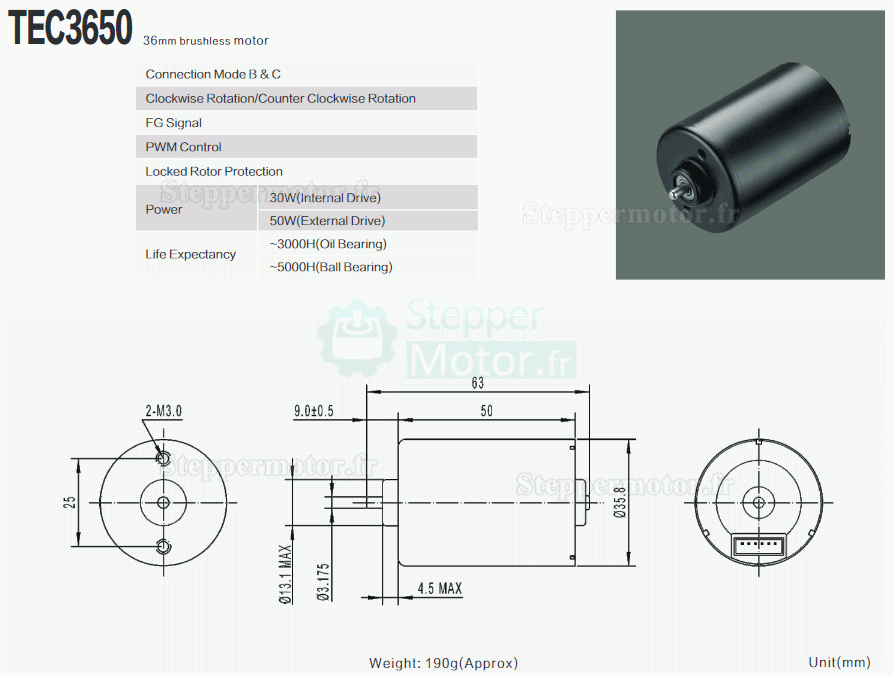 2 Pièces Moteur CC sans balais (moteur bldc) TEC3650 Φ35.8mm 12V/24V 200g.cm 5300tr/min / 3400tr/min arbre 3,175mm