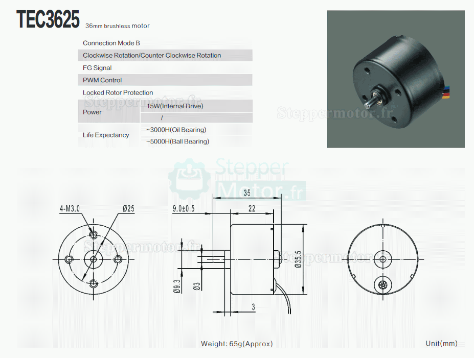 2 Pièces Moteur CC sans balais (moteur bldc) TEC3625 Φ35.5mm 12V/24V 550g.cm 3600tr/min arbre 3mm