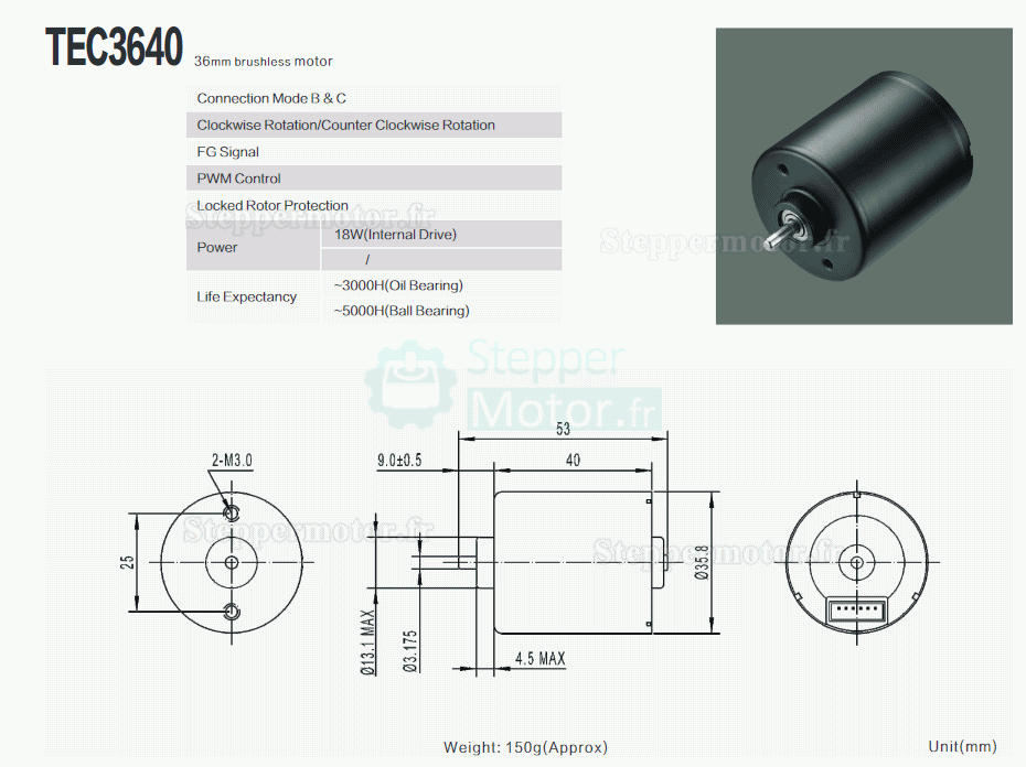 2 Pièces Moteur CC sans balais (moteur bldc) TEC3640 Φ36mm 12V/24V 550g.cm 5600tr/min / 3200tr/min arbre 3,175mm