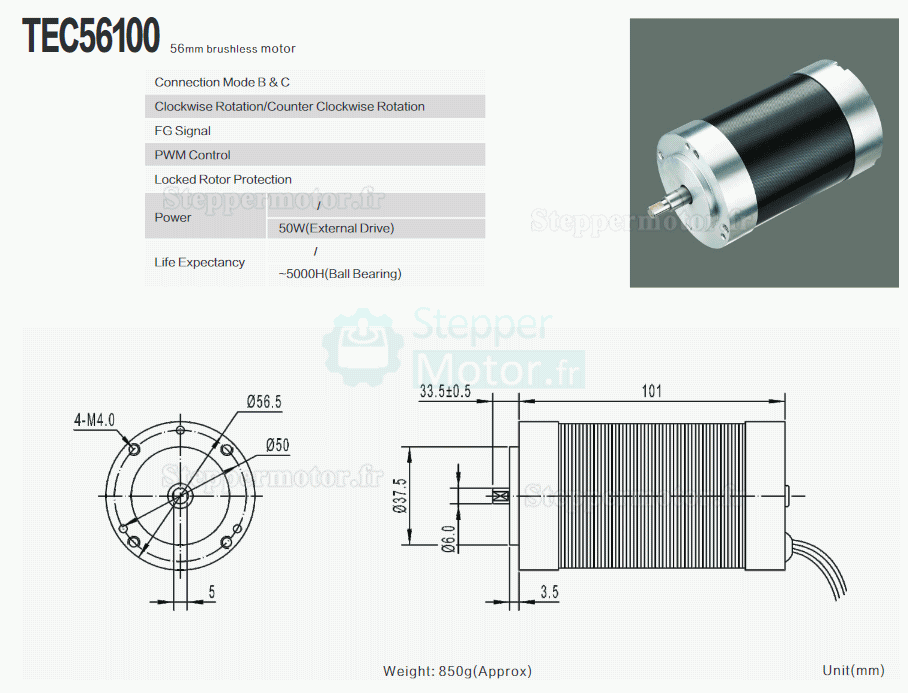 2 Pièces Moteur CC sans balais TEC56100 12V/24V 400g.cm 3050tr/min 12,5W arbre 8mm