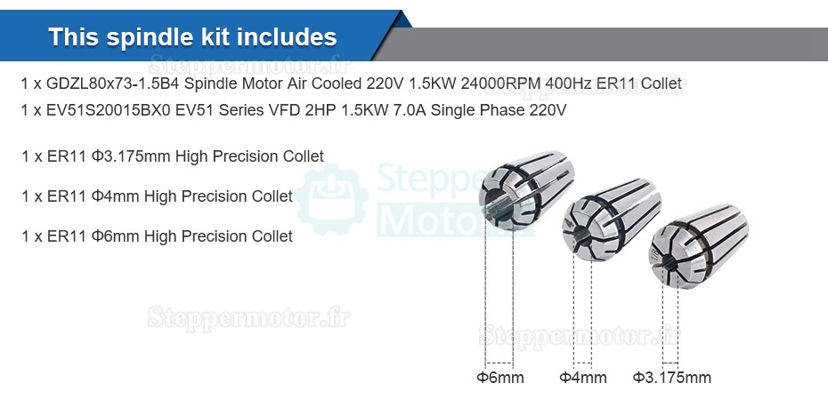 Kit moteur de broche cnc refroidi par air 1,5 kW 400 Hz ER11 + variateur de fréquence VFD 2 CV VSK-ASL1.5B