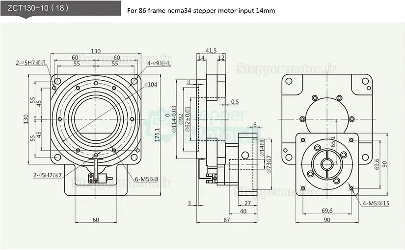 Actionneur rotatif creux ZCT130-10/ZCT130-18 rapport 10:1 18:1 pour servomoteur ca 60 mm 400W/Moteur pas à pas Nema 34