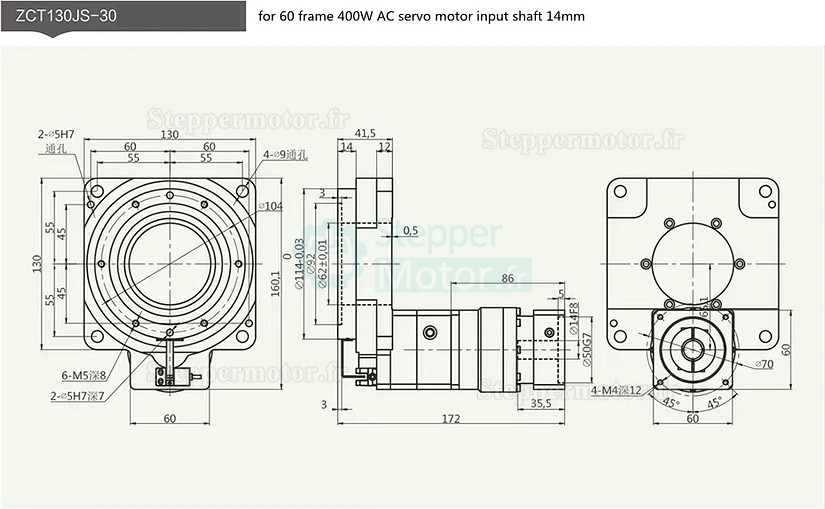 Actionneur rotatif creux ZCT130-10/ZCT130-18 rapport 10:1 18:1 pour servomoteur ca 60 mm 400W/Moteur pas à pas Nema 34