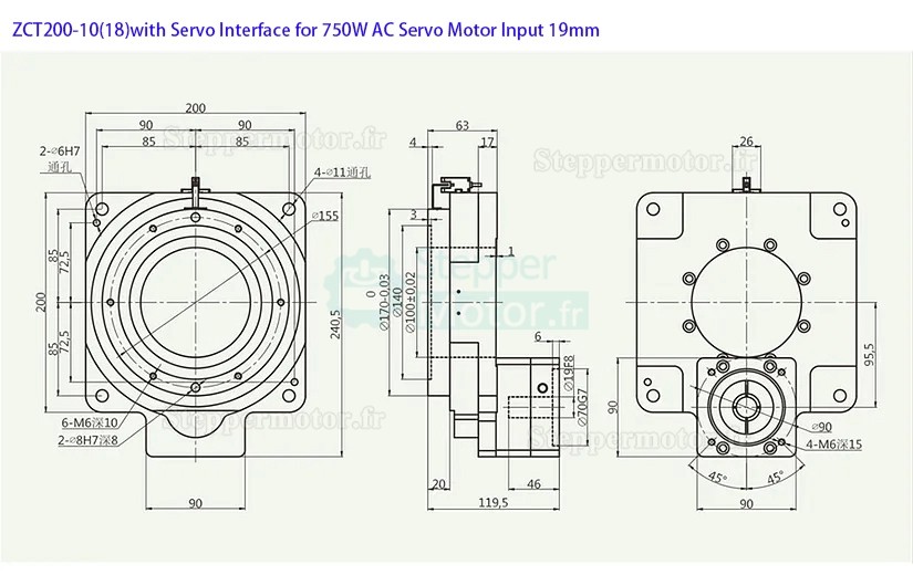 Plateaux de positionnement creux ZCT200-10/ZCT200-18 rapport 10:1 18:1 pour servomoteur ca 80 mm 7500W/Moteur pas à pas