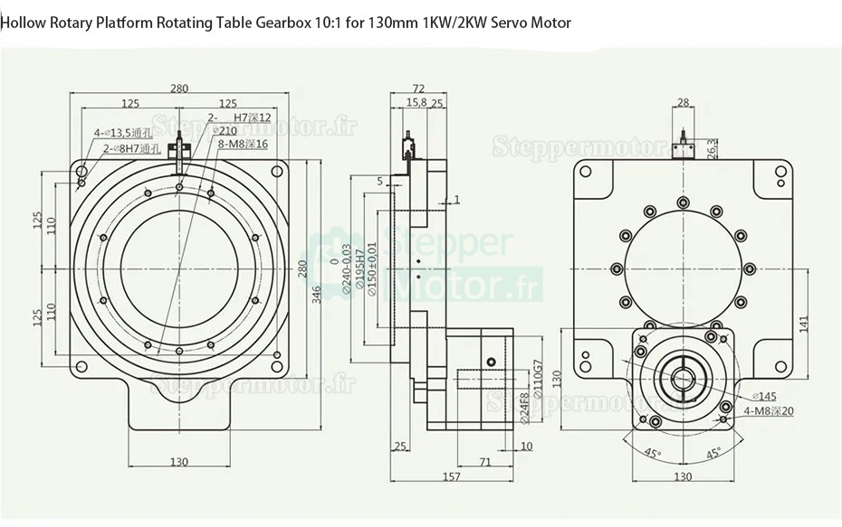 Actionneur rotatif creux (plateau rotatif à alésage creux) ZCT280-10 rapport 10:1 pour servomoteur à ca 130 mm 1/2 kW