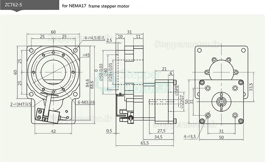 Actionneur rotatif creux ZCT62-5/ZCT62-10 Rapport 5:1 10:1 pour servomoteur ca/moteur pas à pas 50W/100W