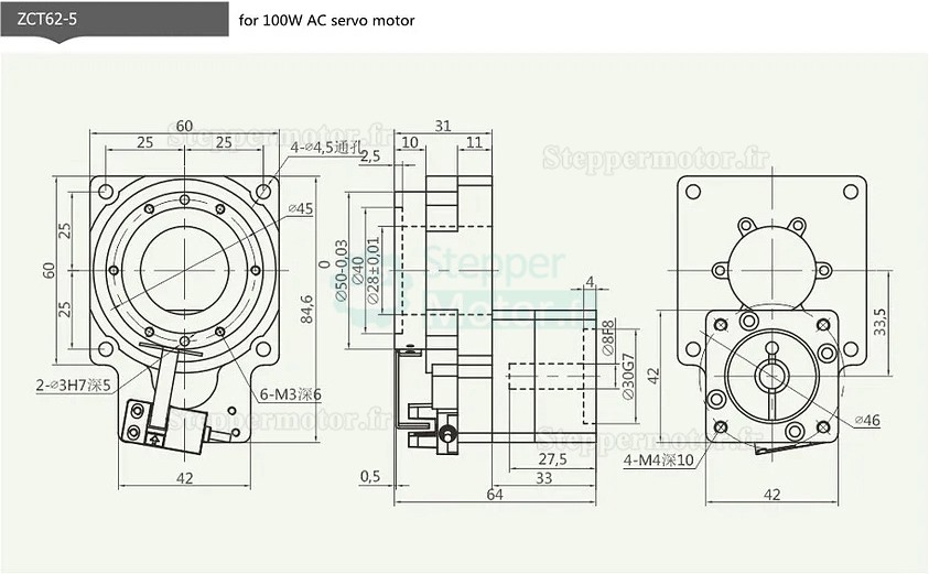 Actionneur rotatif creux ZCT62-5/ZCT62-10 Rapport 5:1 10:1 pour servomoteur ca/moteur pas à pas 50W/100W