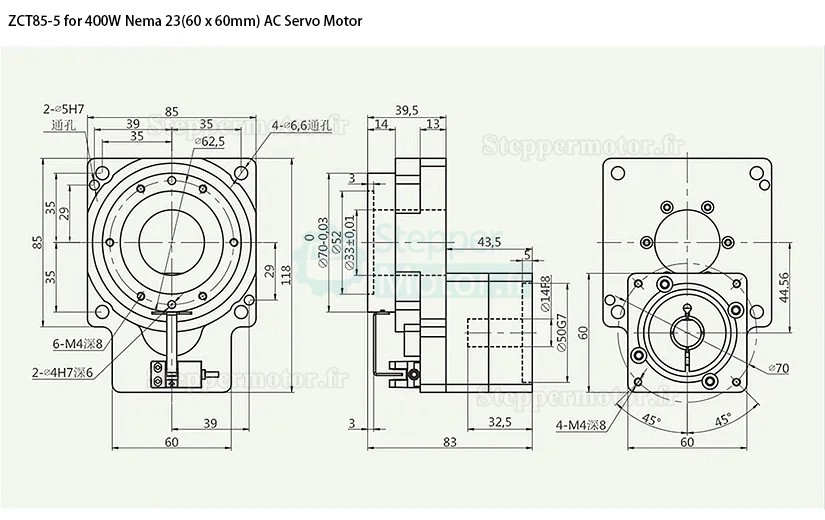 Actionneur rotatif creux (plateforme rotative creuse) ZCT85-5/ZCT85-10 pour servomoteur ca/moteur pas à pas 60 mm 400W 